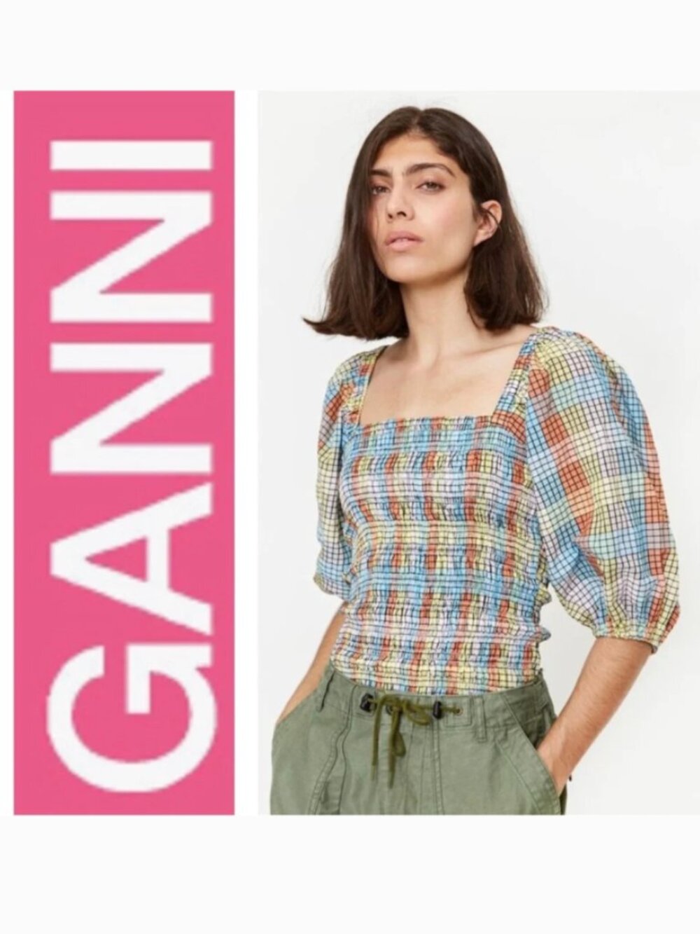 Ganni Multicolor Smocked Off-Shoulder Top with Puff Sleeves